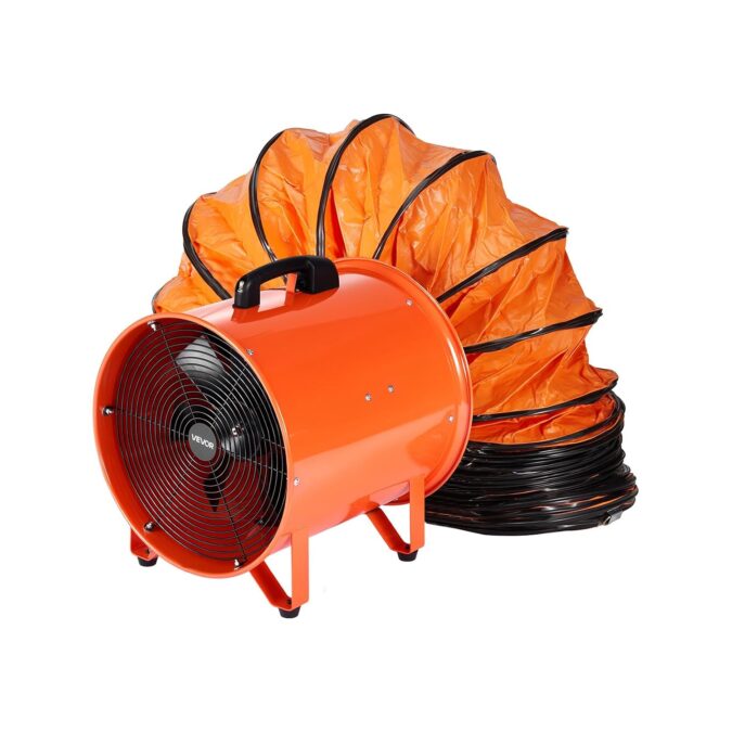 Bauventilator mit flexiblem Luftschlauch Tragbarer Bauventilator mit angeschlossenem flexiblem Luftschlauch zur Be- und Entlüftung von Baustellen.