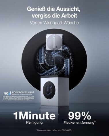 Fensterputzroboter ECOVACS Wischtechnologie WINBOT mit Vortex-Wischtechnologie für eine gründliche Glasreinigung.