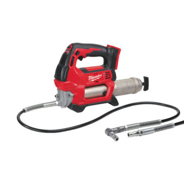 Milwaukee M18 Akku-Fettpresse mit flexiblem Hochdruckschlauch für die Schmierung von Maschinen und Fahr-zeugen.