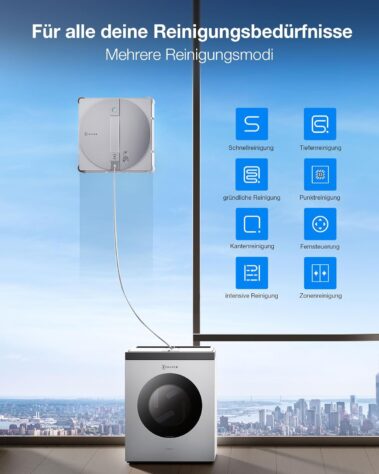 Fensterputzroboter ECOVACS WINBOT mit Schnell-, Tiefen-, Kanten- und Zonenreinigung für unterschiedliche Glasflächen.