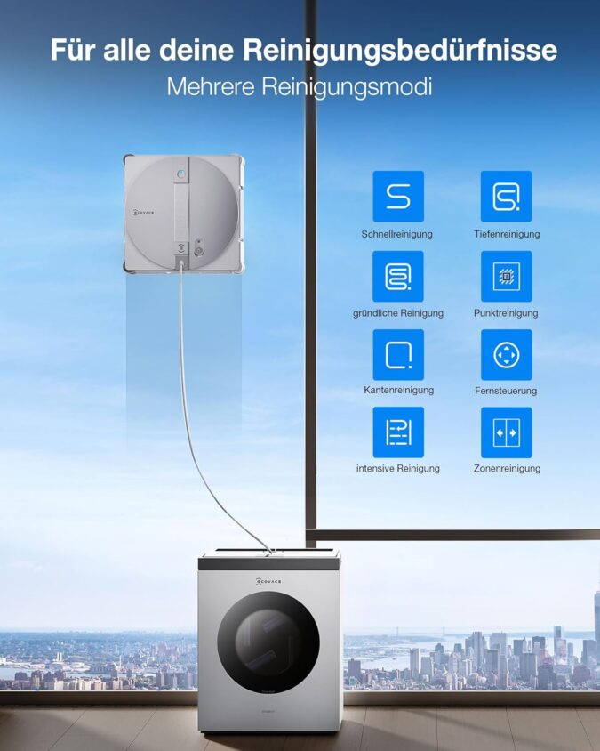 Fensterputzroboter ECOVACS WINBOT mit Schnell-, Tiefen-, Kanten- und Zonenreinigung für unterschiedliche Glasflächen.