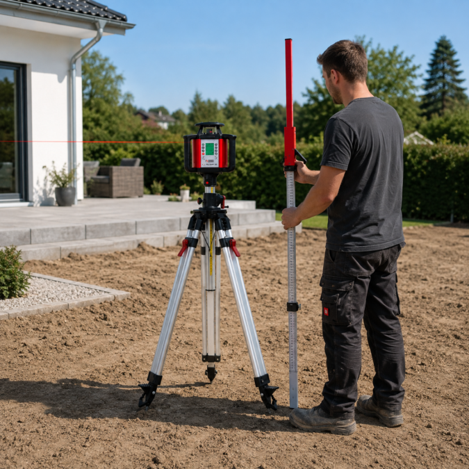 Privatperson richtet mit einem Rotationslaser und einer Messlatte das Gelände für Pflaster-oder Gartenarbeiten präzise aus.
