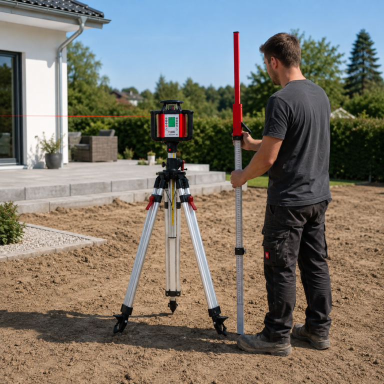 Rotationslaser im Garten- und Landschaftsbau Privatperson richtet mit einem Rotationslaser und einer Messlatte das Gelände für Pflaster-oder Gartenarbeiten präzise aus.