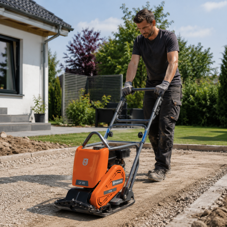 Husqvarna LF 80 Rüttelplatte Privatperson verdichtet mit einer Husqvarna LF 80 Rüttelplatte den Untergrund für eine Terrasse oder Einfahrt.