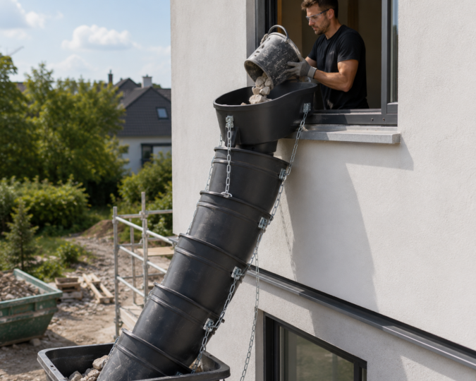 Privatperson entsorgt Bauschutt über ein Schuttrohr aus einem Fenster direkt in einen Container.