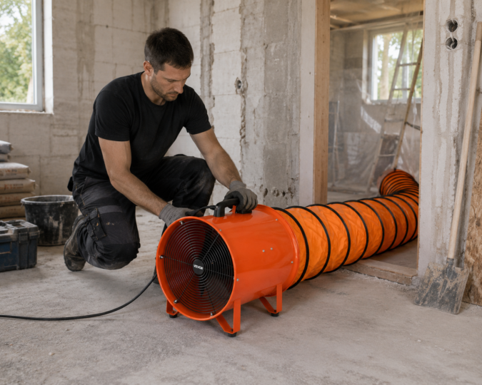 Bauventilator mit flexiblem Luftschlauch belüftet einen Innenraum während Renovierungs-arbeiten.
