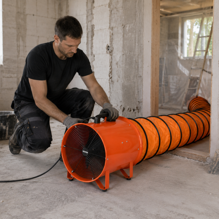 Bauventilator zur Baustellenbelüftung Bauventilator mit flexiblem Luftschlauch belüftet einen Innenraum während Renovierungs-arbeiten.