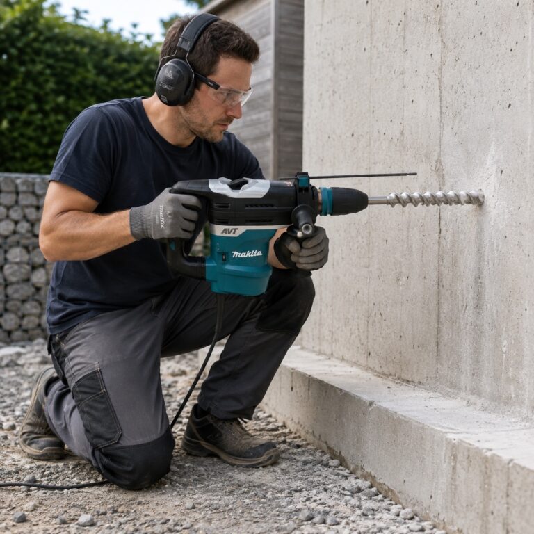 Bohrhammer beim Bohren in Beton Privatperson bohrt mit einem leistungsstarken Bohrhammer ein Loch in eine Betonwand.