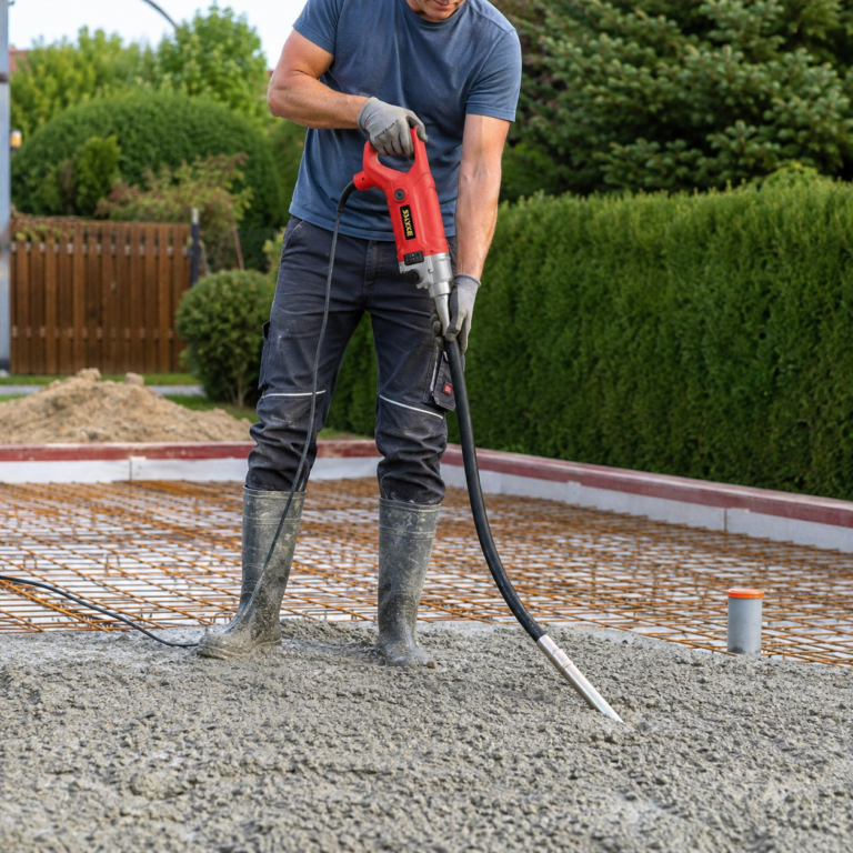 Elektrischer Betonaufrüttler im Einsatz Privatperson verdichtet frischen Beton mit einem elektrischen Betonaufrüttler auf einer Baustelle.